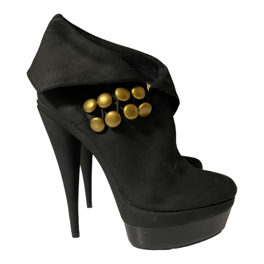 Rachel Zoe Bella Black Cuffed Suede Brass Button Leather Platform Ankle Booties